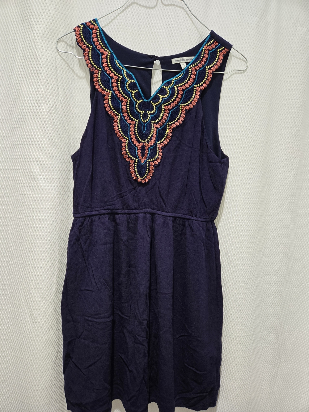 Charlotte Russe Navy Sleeveless Mini Dress with Coral & Teal Embroidery